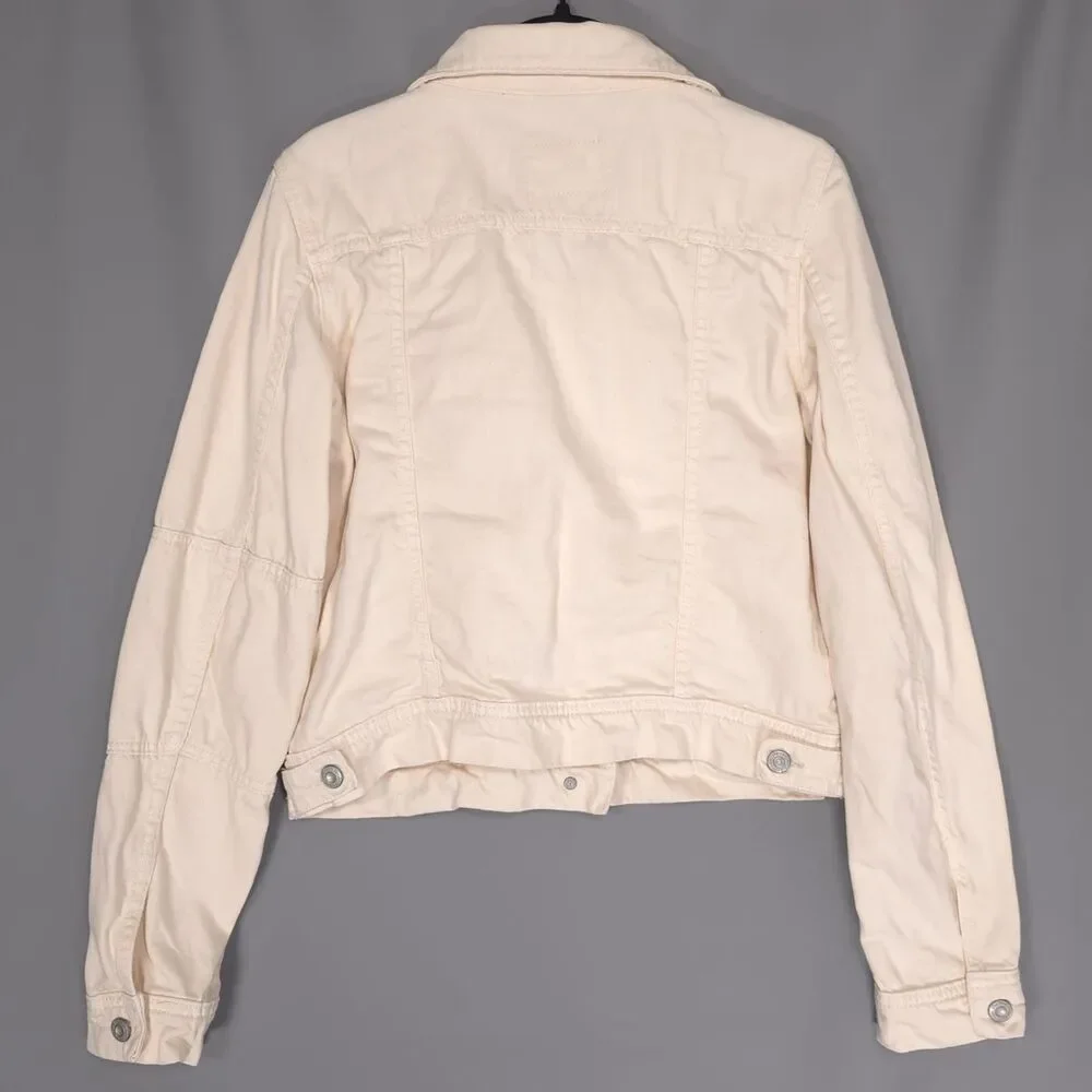 WE THE FREE Women's Denim Jacket SMALL Cream Cropped 100% Cotton Button‎ Front